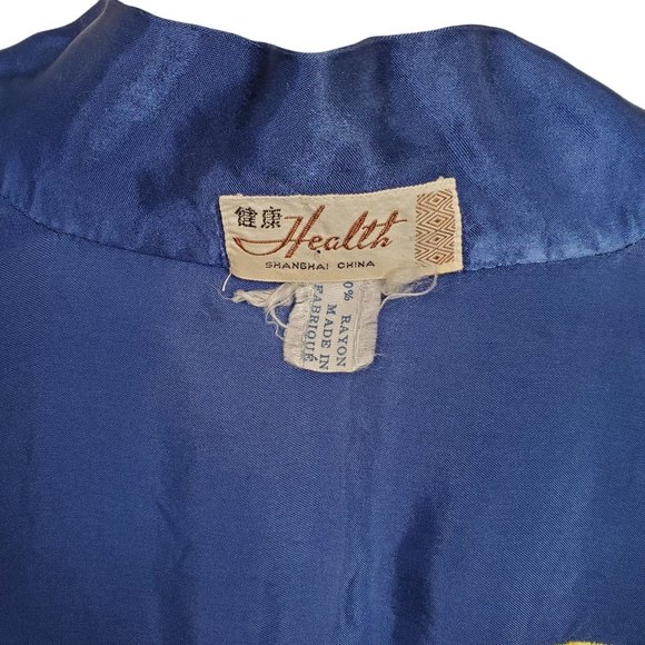 Health Shanghai Size M Kimono Robe Silky Rayon Embroidered Dragon Tie Belt Blue - Picture 9 of 14